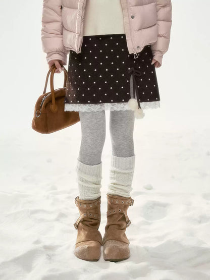 BIBIBENCY - Brown Polka Dot A-Line Knit Skirt with Bow Details