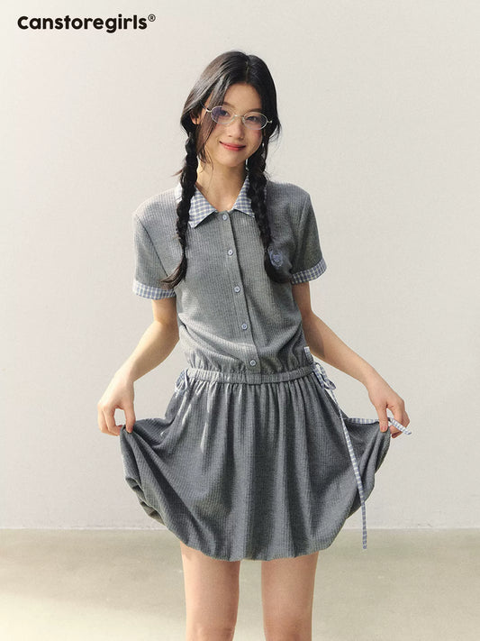 "Ivy Crest Letter" Plaid Panel Bubble Mini Dress LL2026031