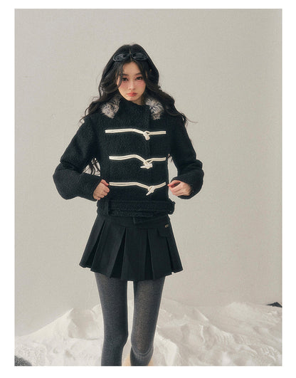 少也眼 "Silent Devotion" Quilted Fringe Wool Coat - Quiet Black