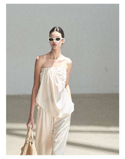 "Summer Rain at Dusk" Cream Beige Satin Two-Piece Set