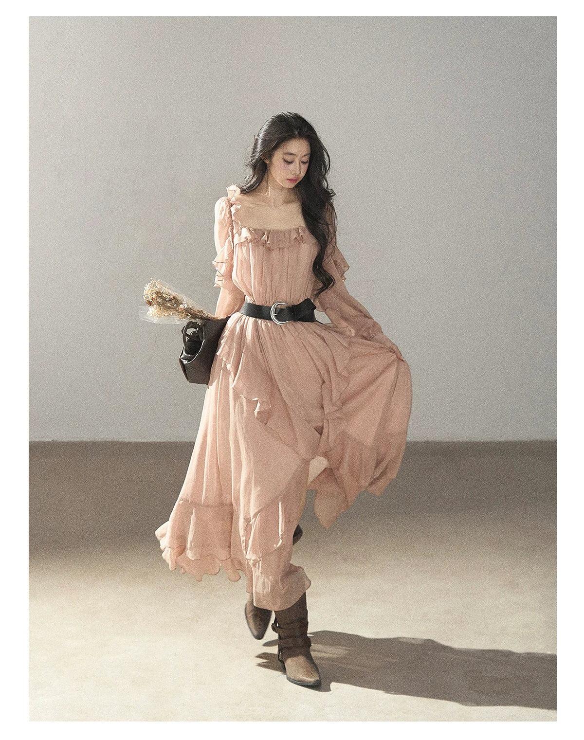 AOMALM - "Waiting for Sunset" Soft Pink French Ruffle Maxi Dress with Belt