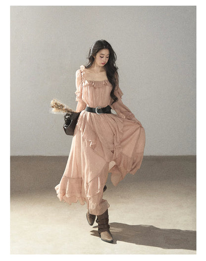 AOMALM - "Waiting for Sunset" Soft Pink French Ruffle Maxi Dress with Belt