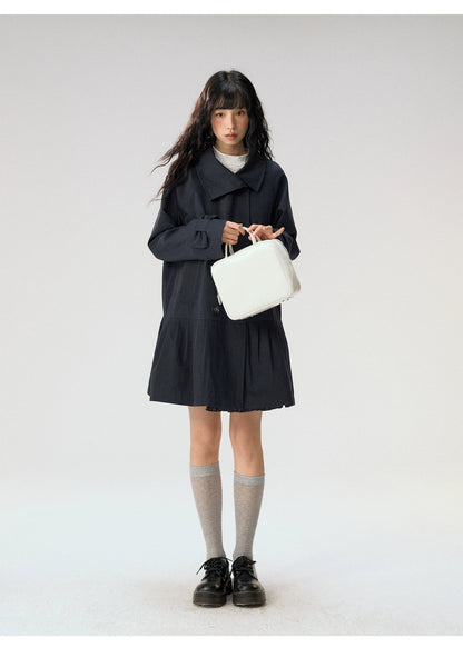 [CAN] "Azure Echoes" Navy Double-Breasted Bow Long Trench Coat
