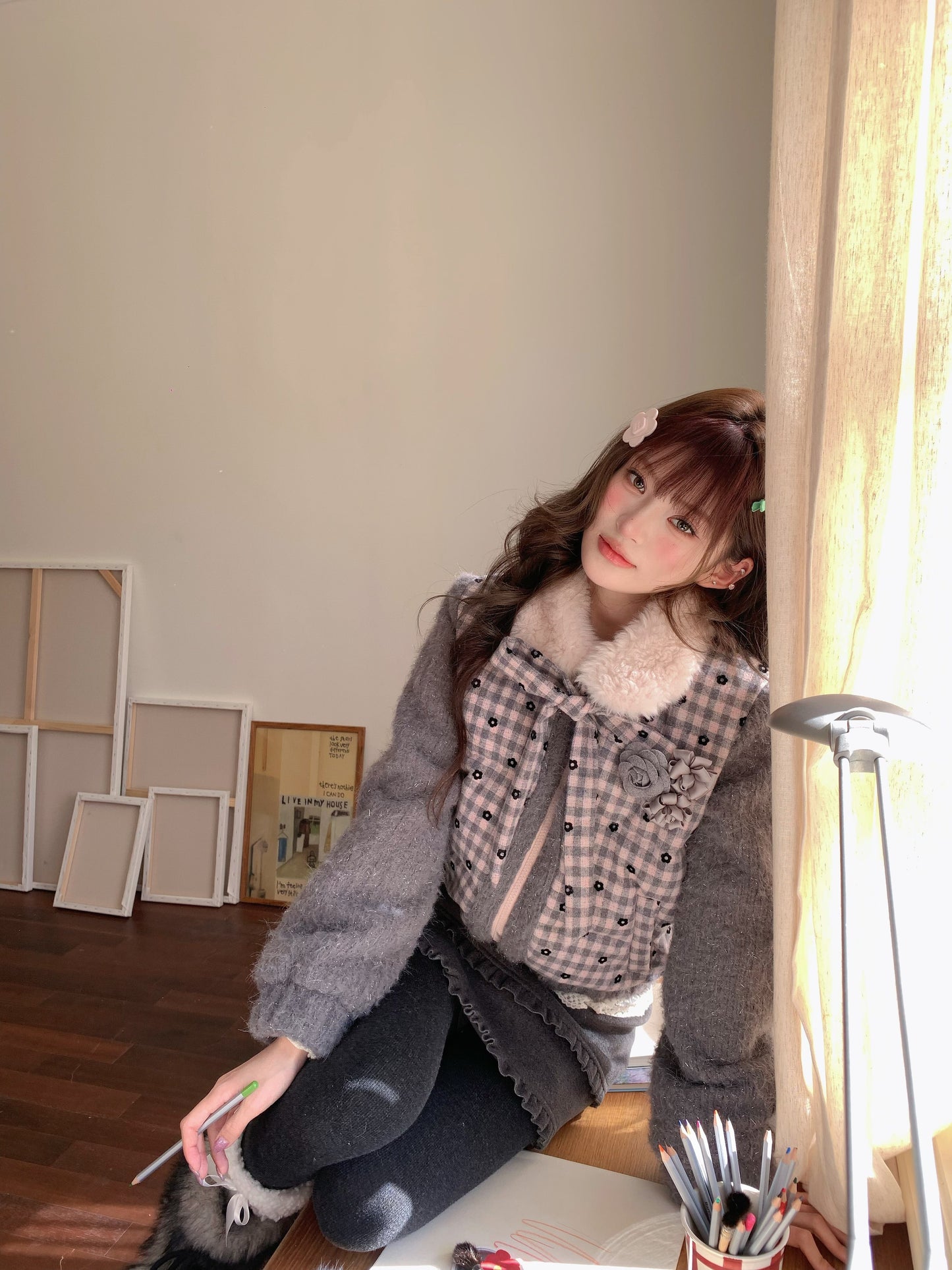 阮阮自制 - Soft Ruffle Dark Gray Tweed Skirt