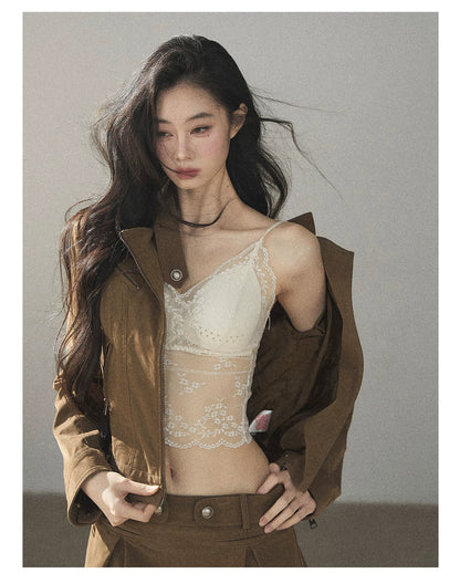 AOMALM - "Olive Autumn" Brown Faux Leather Jacket & Pleated Skirt Set