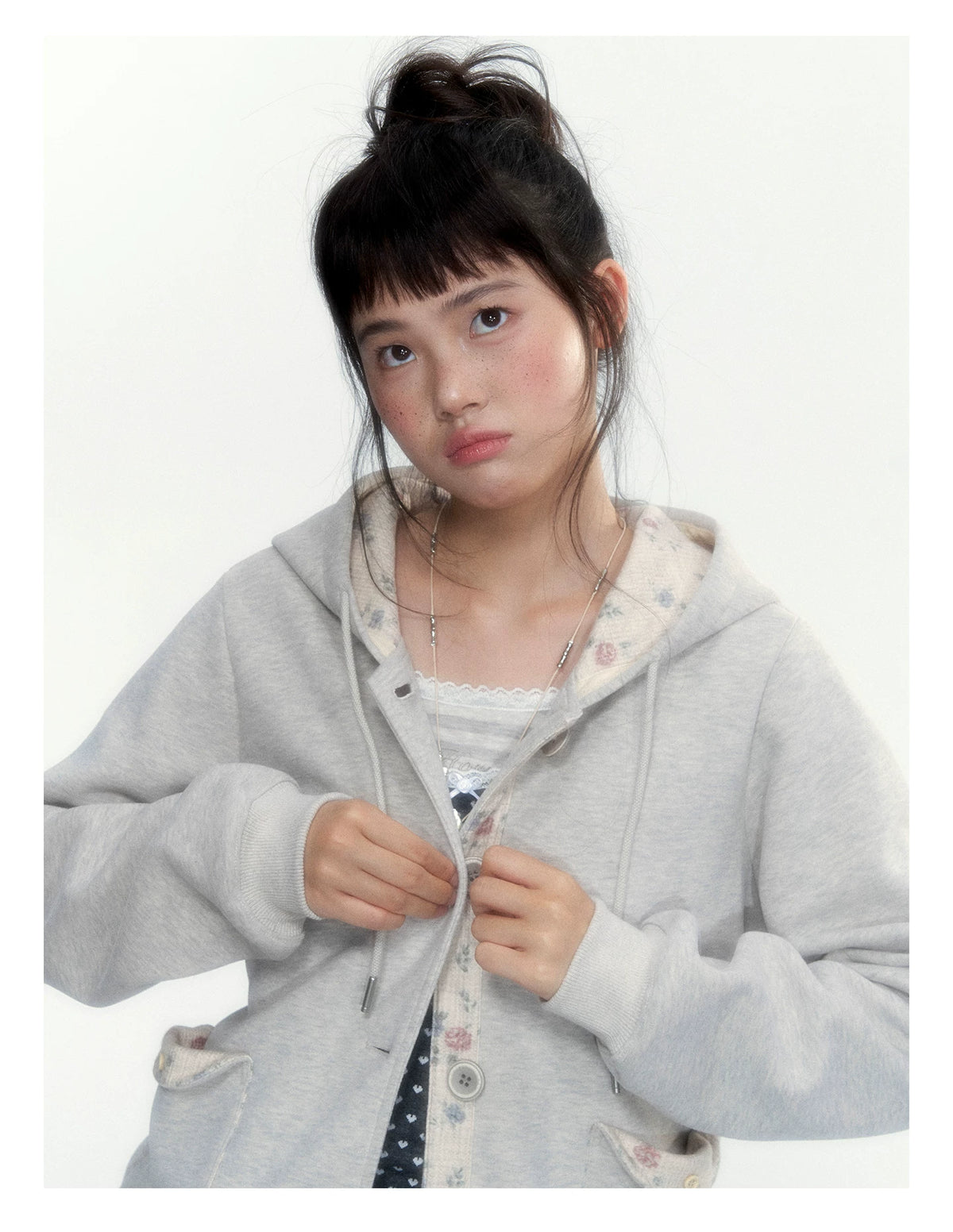 “Blooming Reverie” Light Heather Gray Floral Hooded Cardigan Sweatshirt