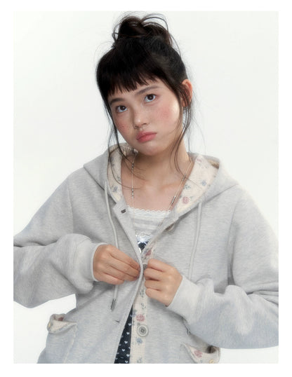 “Blooming Reverie” Light Heather Gray Floral Hooded Cardigan Sweatshirt