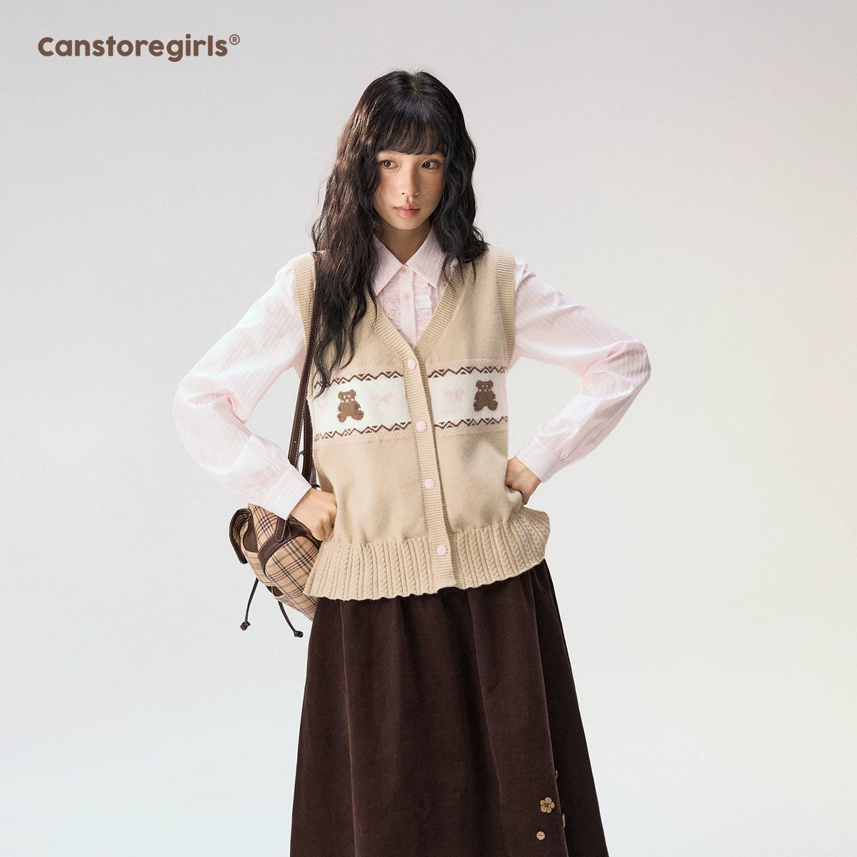 [CAN] "Bear Waltz" Brown Bow Jacquard Knit Vest