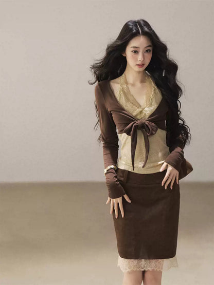 AOMALM - "Tender in This Moment" Rich Cocoa Faux Two-Piece Lace Top