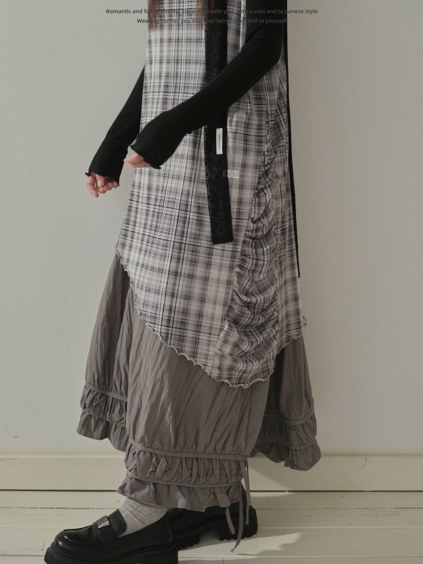 "Quiet Layers" Gray Plaid Mesh Layering Maxi Dress