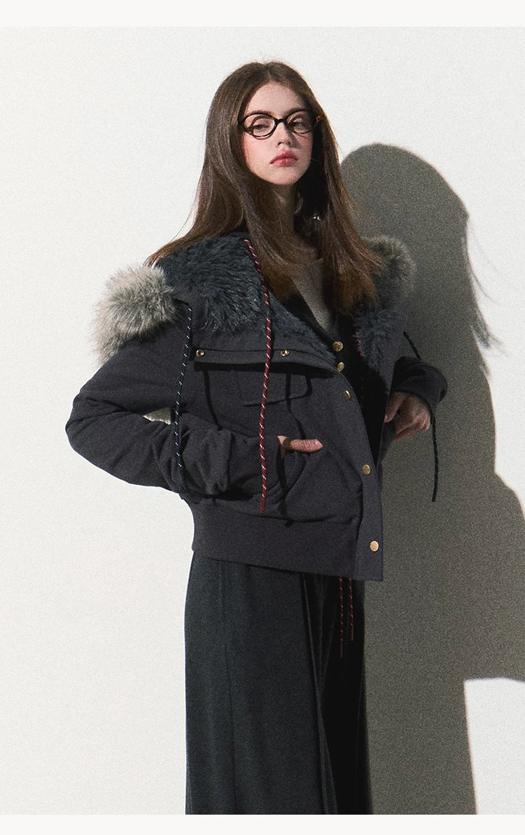 OAKMOO/ "Energy & Freedom" Mocha Gray Fur-Collar Cropped Hoodie Jacket