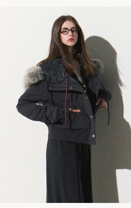OAKMOO/ "Energy & Freedom" Mocha Gray Fur-Collar Cropped Hoodie Jacket