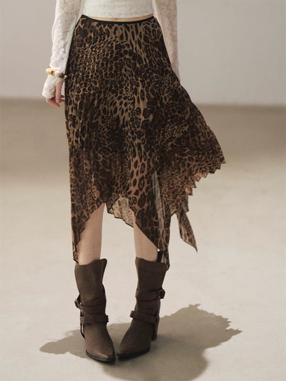AOMALM - “Cocoa Leopard” Pleated Asymmetric Midi Skirt