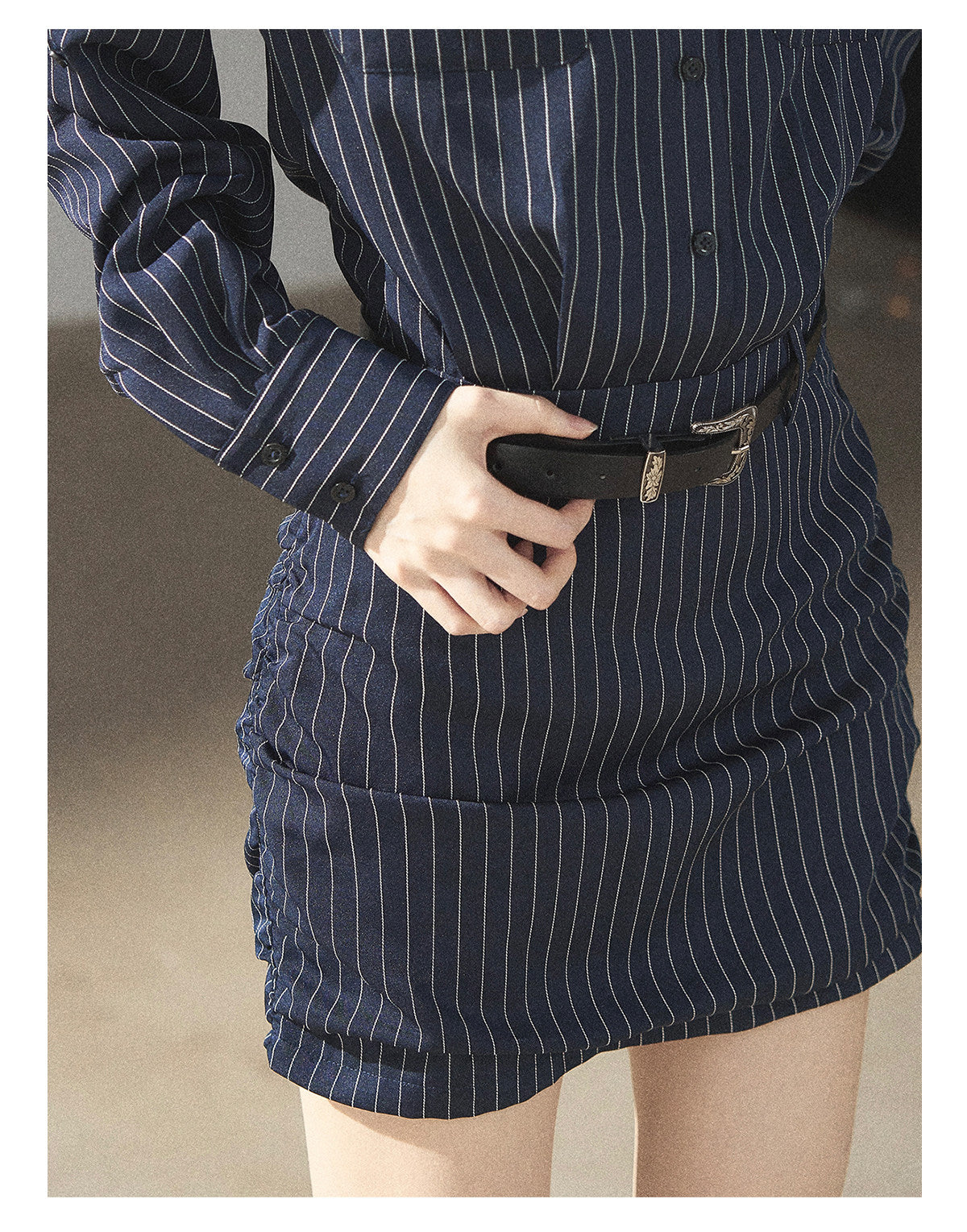 170726 "The Island and the Whale" Deep Slate Gray Layered Stripe Shirt Dress with Belt