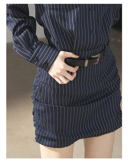 170726 "The Island and the Whale" Deep Slate Gray Layered Stripe Shirt Dress with Belt