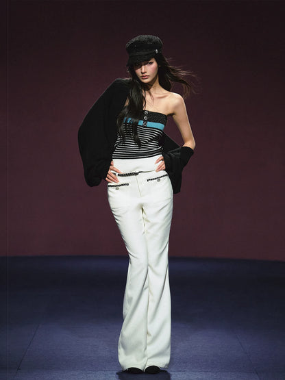 Ivory Contrast Belt Shimmer Knit Flared Pants