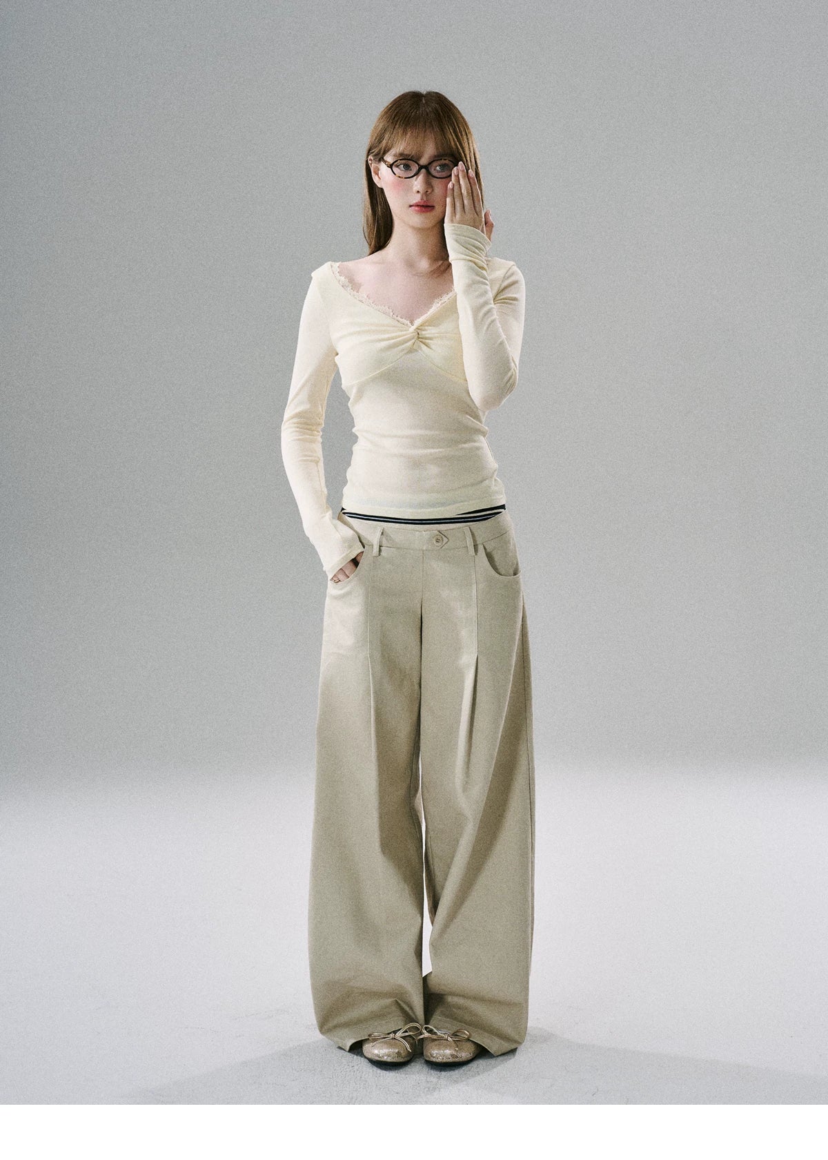 LOST FOREST - Khaki & Black Striped Wide-Leg Floor-Length Pants