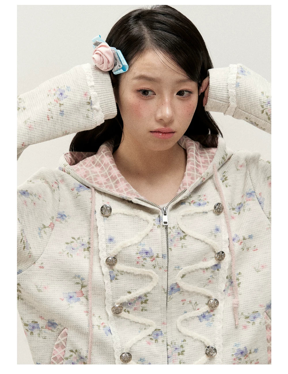 [RF] Vintage Floral Waffle Knit Hoodie Cardigan with Gingham Lining