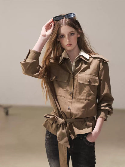 AOMALM - "The Final Chapter of an Old Dream" Roasted Pecan Brown Faux Two-Piece Linen Top with Belt