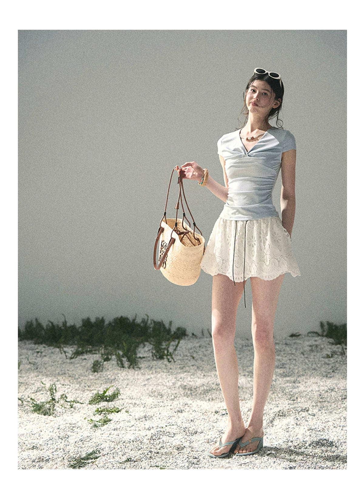 “Sheer Spring Whisper” Moonlight Blue Twist V-Neck Top