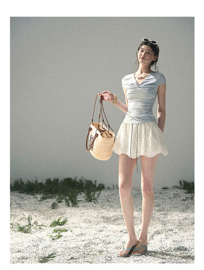 “Sheer Spring Whisper” Moonlight Blue Twist V-Neck Top