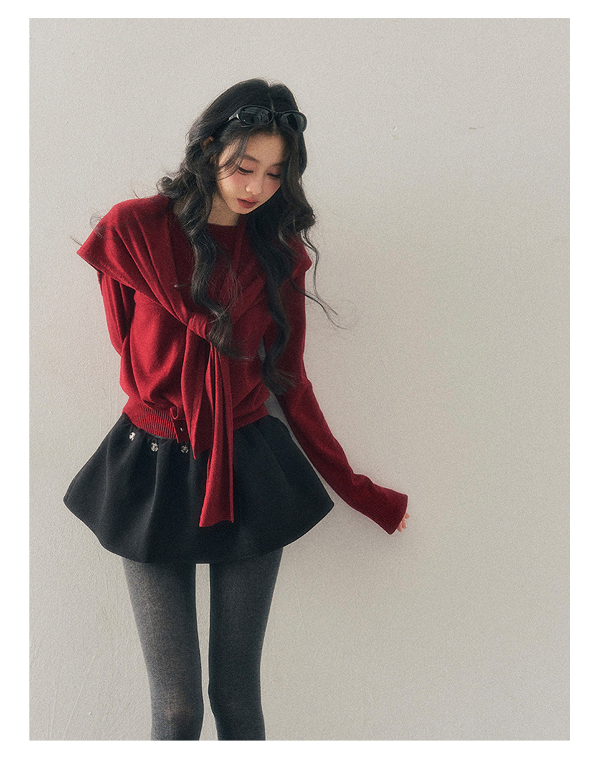 040126 "Orlane Academy" American Preppy Knit Top & Shawl Set - Angora Red