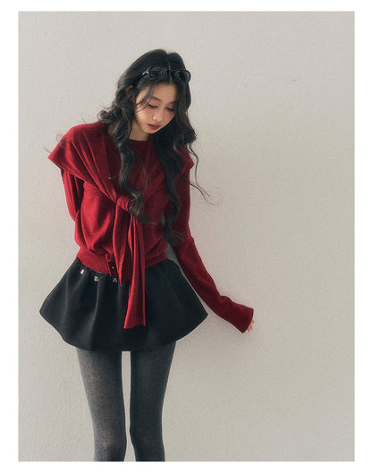 040126 "Orlane Academy" American Preppy Knit Top & Shawl Set - Angora Red