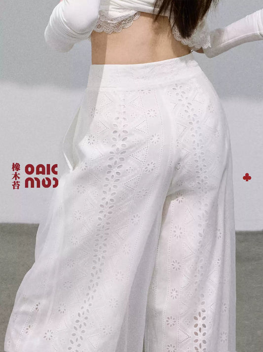 OAKMOO - "Bloom Within" Cotton Cutwork & Organza Layered Wide-Leg Pants – Gardenia 25Q428White