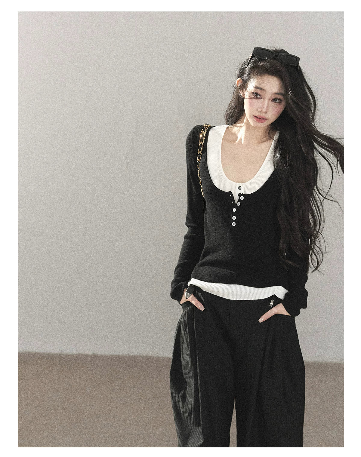 AOMALM - Korean U-Neck Faux Layered Knit Top