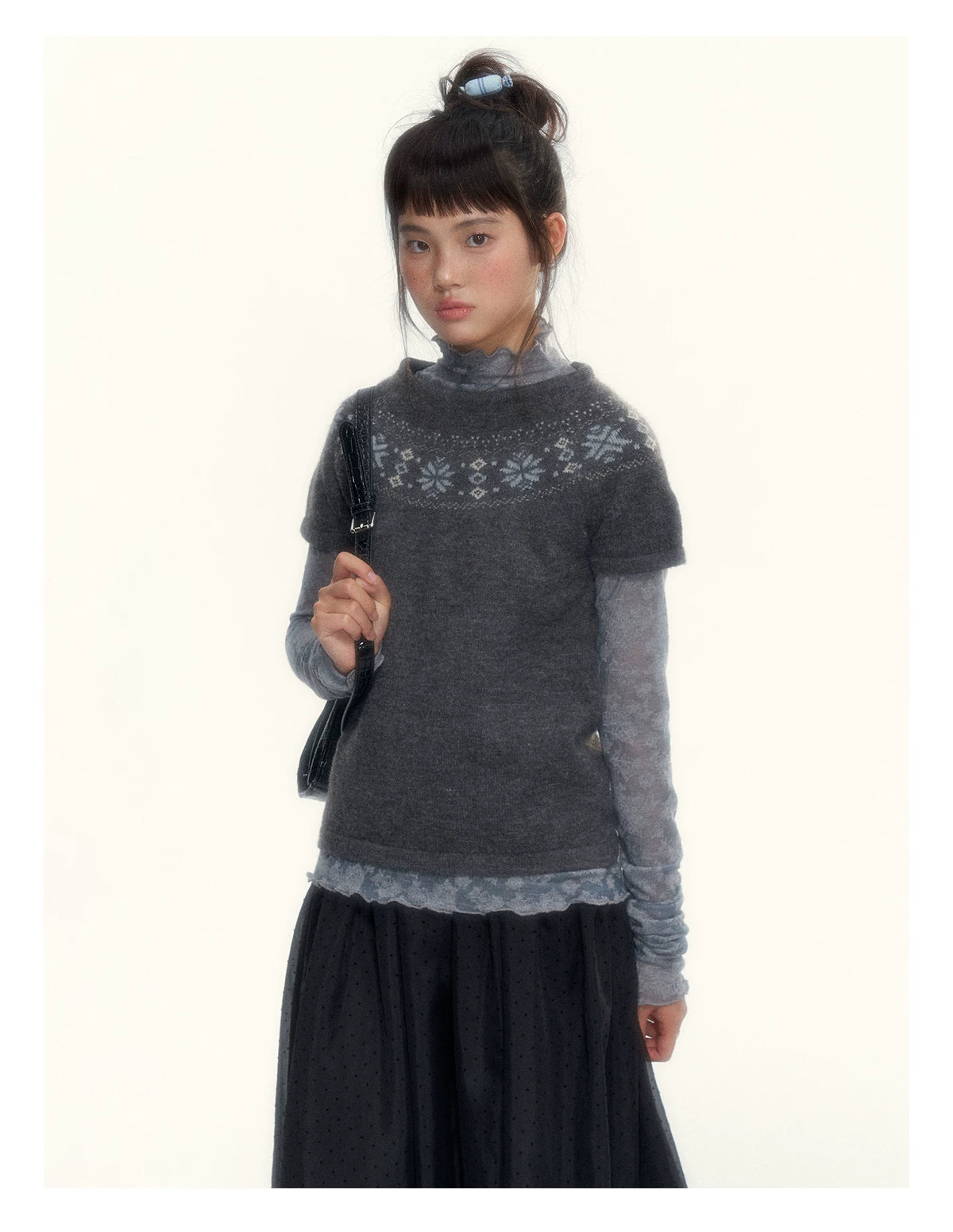 Deep Gray Fair Isle Short-Sleeve Knit Sweater