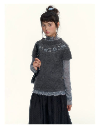 Deep Gray Fair Isle Short-Sleeve Knit Sweater