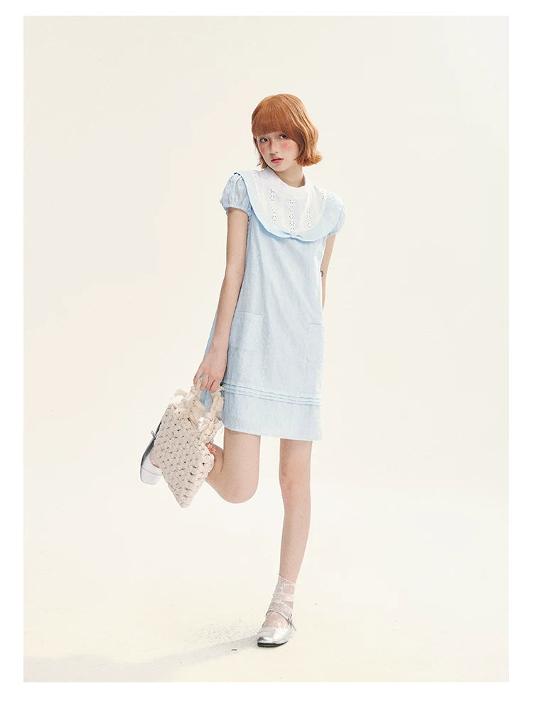 "Sea Salt Fizz" Baby Blue Cutout Embroidered Peter Pan Collar Puff Sleeve A-Line Dress