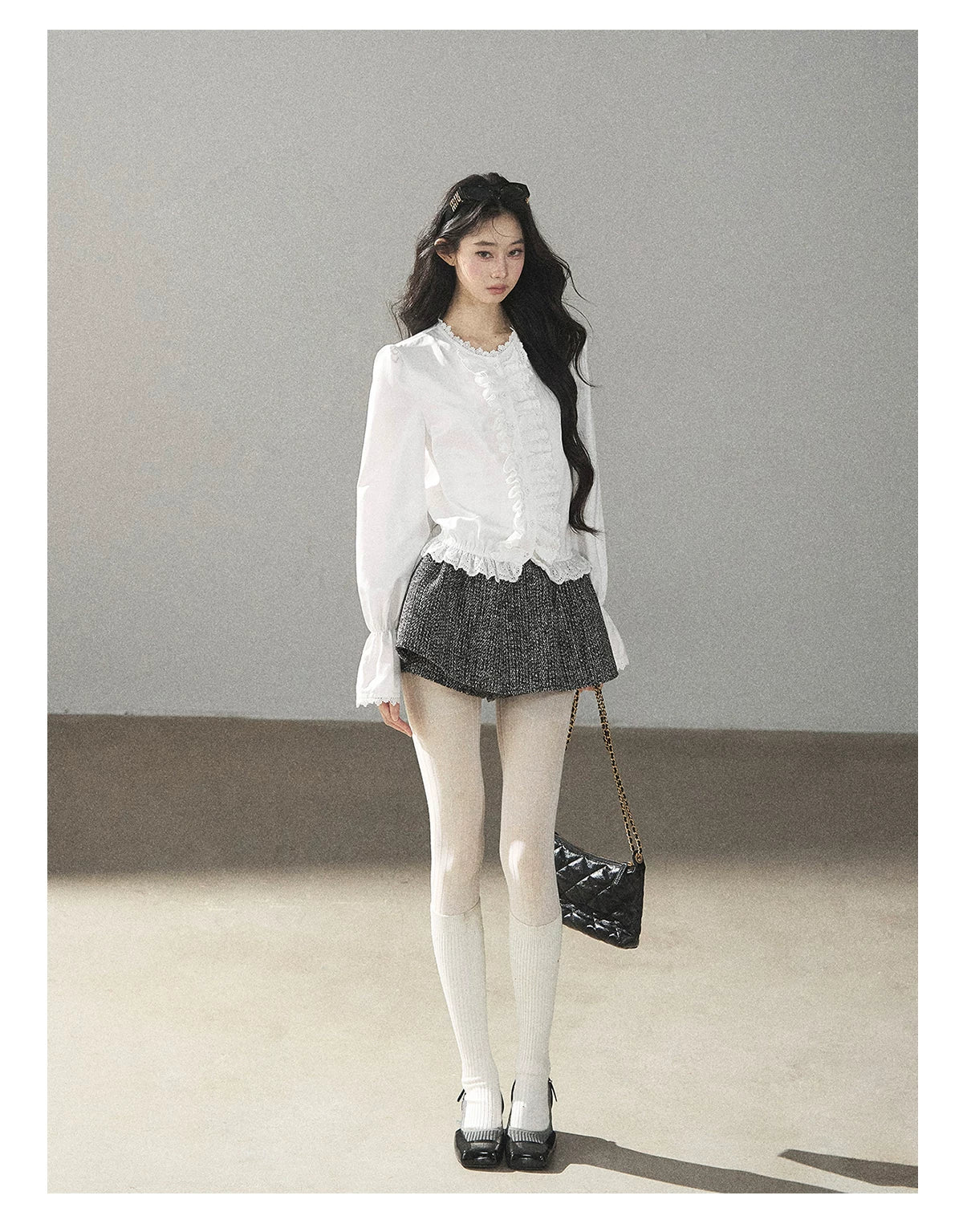 AOMALM - Black & Pearl White Tweed Jacket, Lace Blouse & Mini Skirt Set