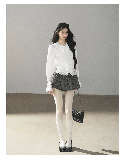 AOMALM - Black & Pearl White Tweed Jacket, Lace Blouse & Mini Skirt Set