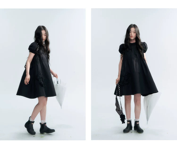 "Puff Doll Dress" Ruffle Trim Puff Sleeve Cotton A-Line Dress (White/ Black)