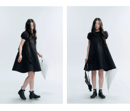 "Puff Doll Dress" Ruffle Trim Puff Sleeve Cotton A-Line Dress (White/ Black)