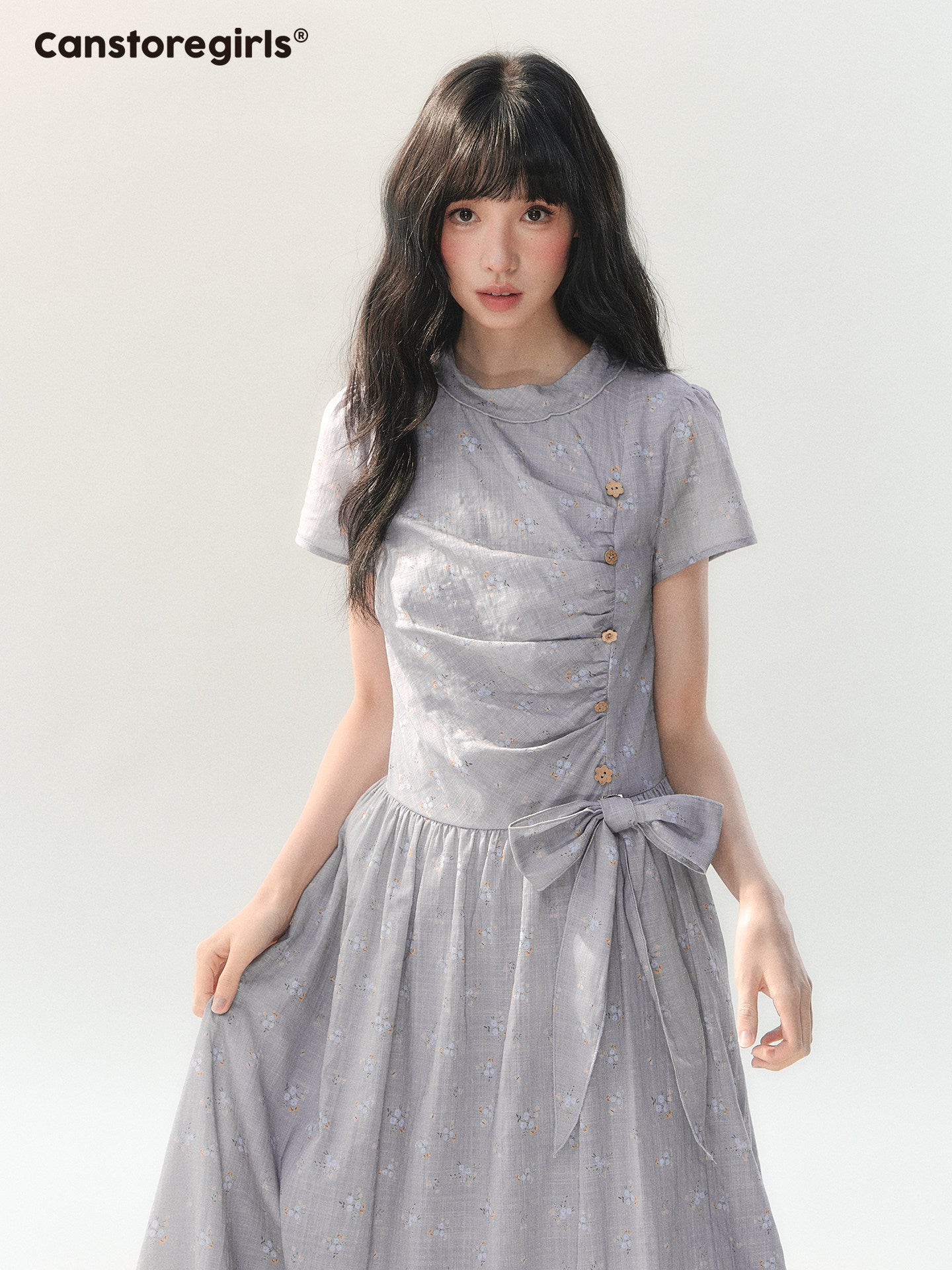 170726C "Lavender Mist Letter" Smoky Lavender Floral Bow Dress