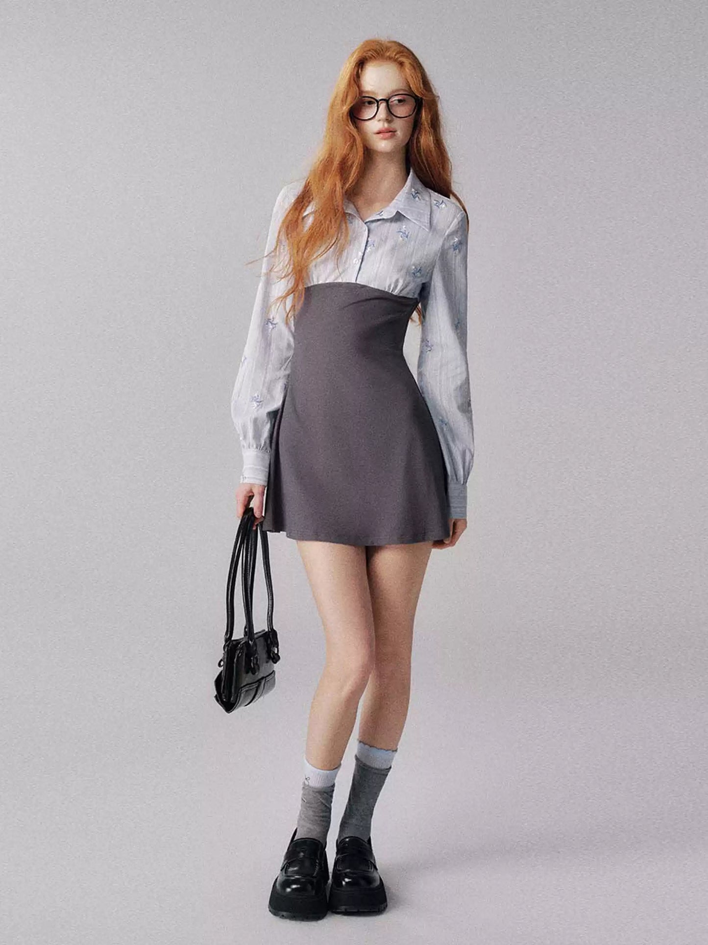 "奶油茉莉" Preppy Knit-Paneled Mini Dress
