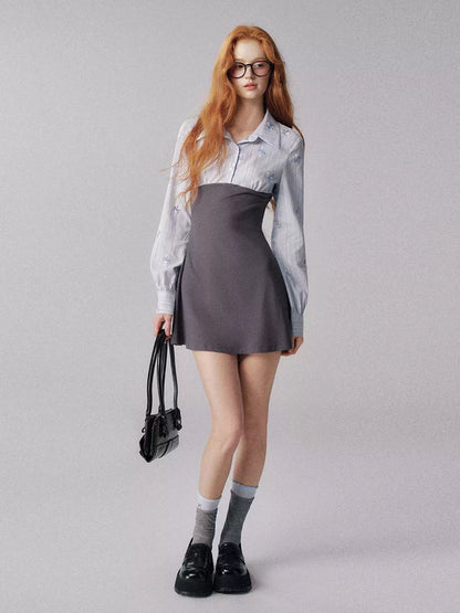"奶油茉莉" Preppy Knit-Paneled Mini Dress