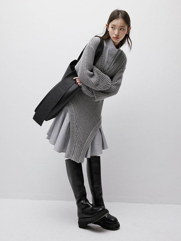 FUSSED Noise Irregular Knit Patchwork V-Neck Sweater Dress FOF-25SS023