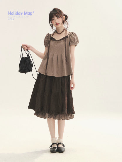 "Faded Bloom" Deep Brown Red Lace Trim Tiered A-Line Skirt