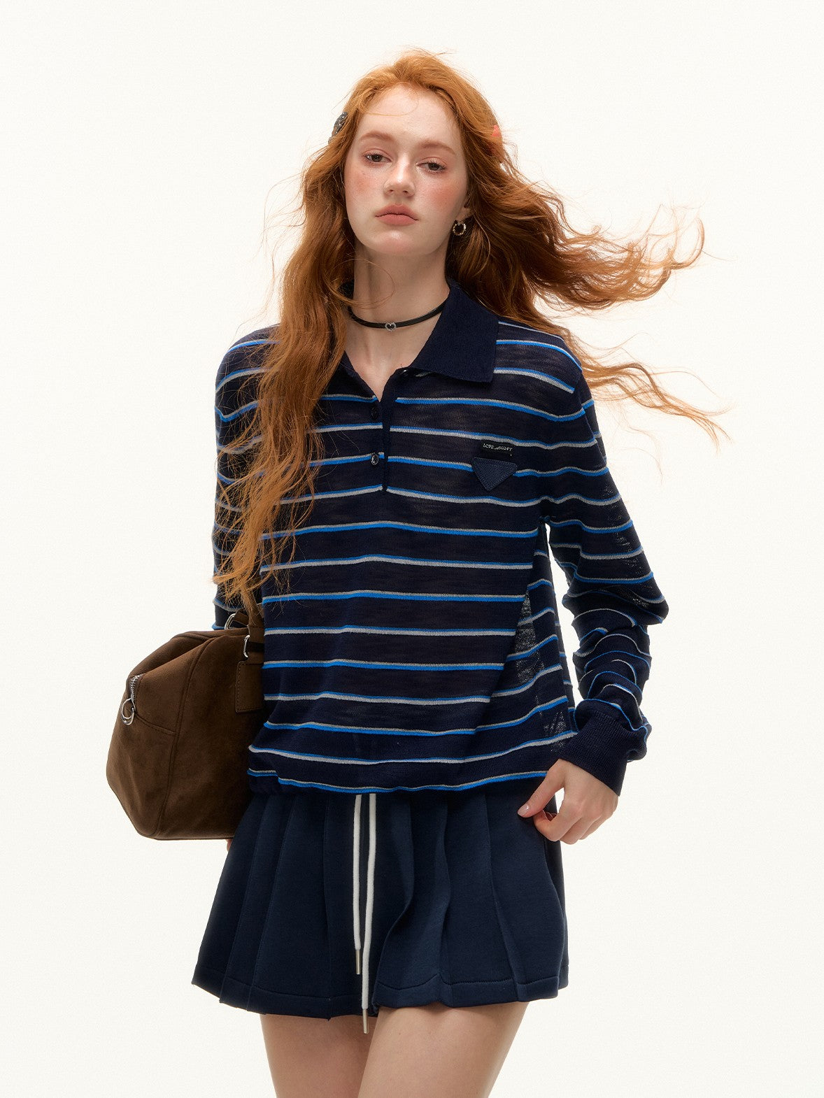 ASGONY - Drawstring Hem Striped Polo Knit (Navy Blue Stripe)