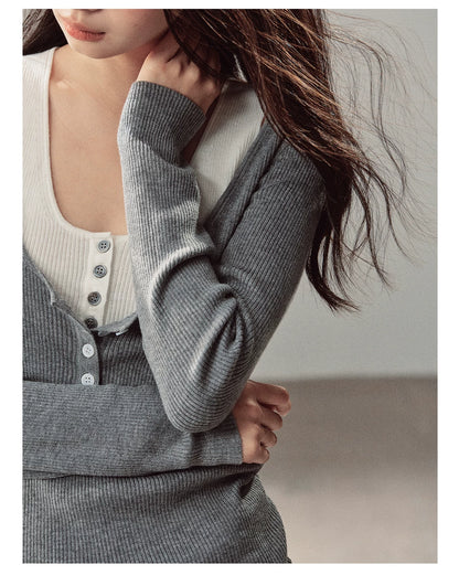 AOMALM - Korean U-Neck Faux Layered Knit Top