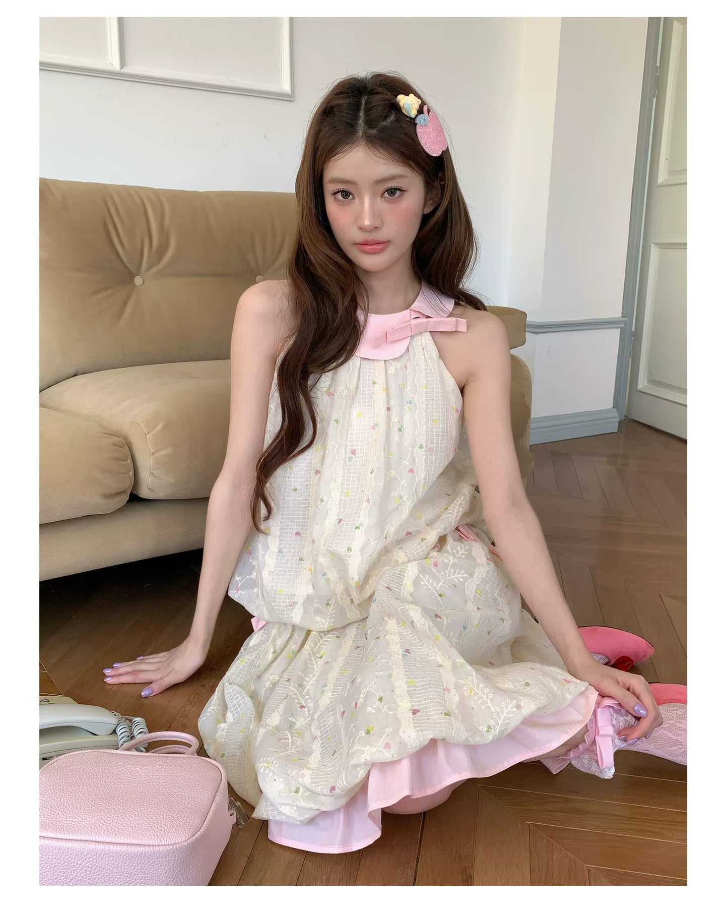 “Peach Cream Brioche” Cream Apricot Floral Bubble Skirt Set