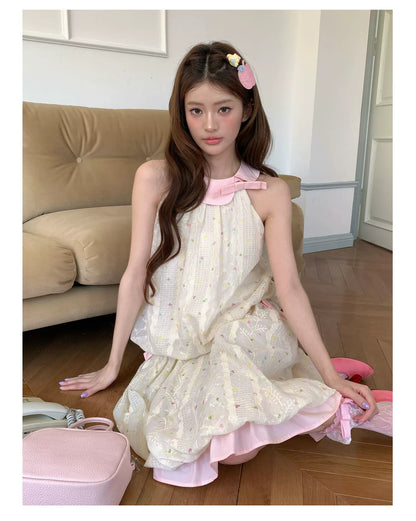 “Peach Cream Brioche” Cream Apricot Floral Bubble Skirt Set