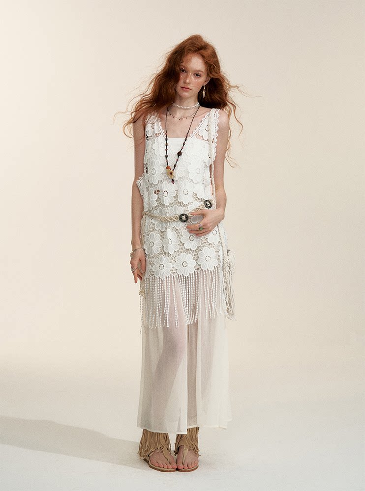 Apricot Sheer-Panel Midi Skirt