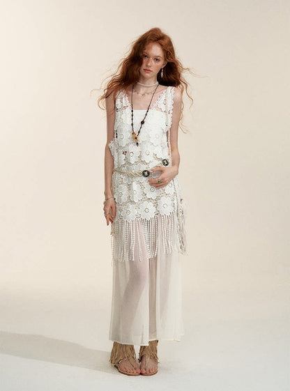 Apricot Sheer-Panel Midi Skirt