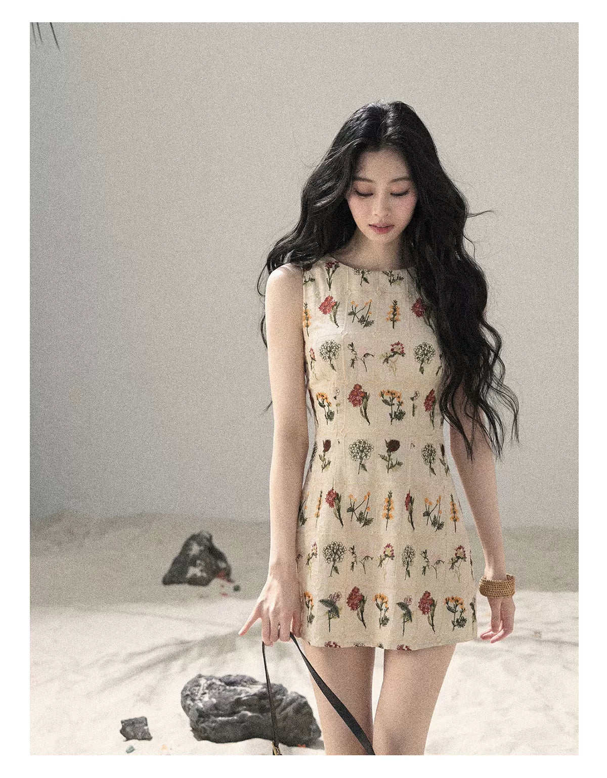 "Wildflower Daydream" Dutch Cream Embroidered Mini Dress - Sleeveless 45684