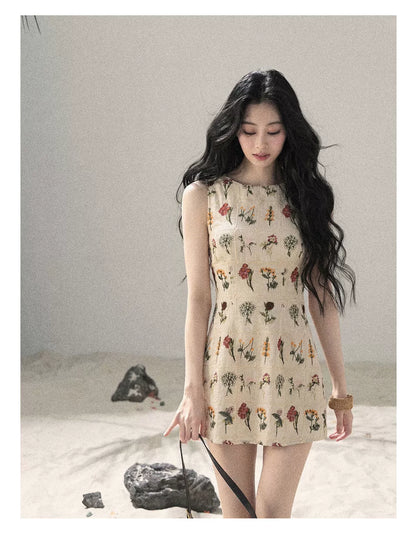 "Wildflower Daydream" Dutch Cream Embroidered Mini Dress - Sleeveless 45684