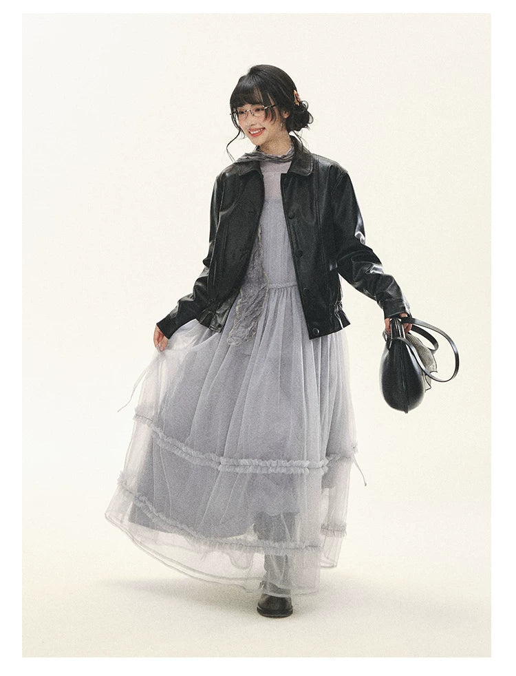 "Venus Gallery" Black Ruffle Collar Cropped Faux Leather Jacket